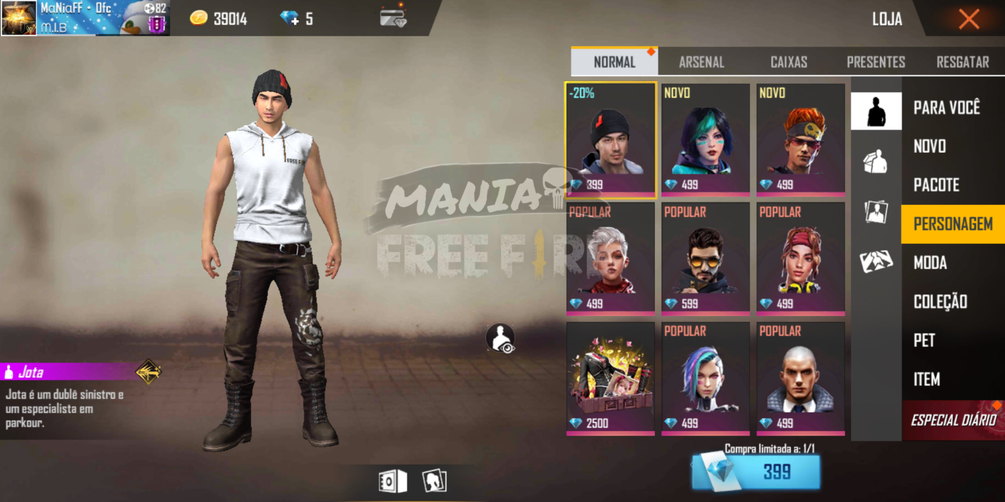 Novo Personagem Jota em promoção - Mania Free Fire