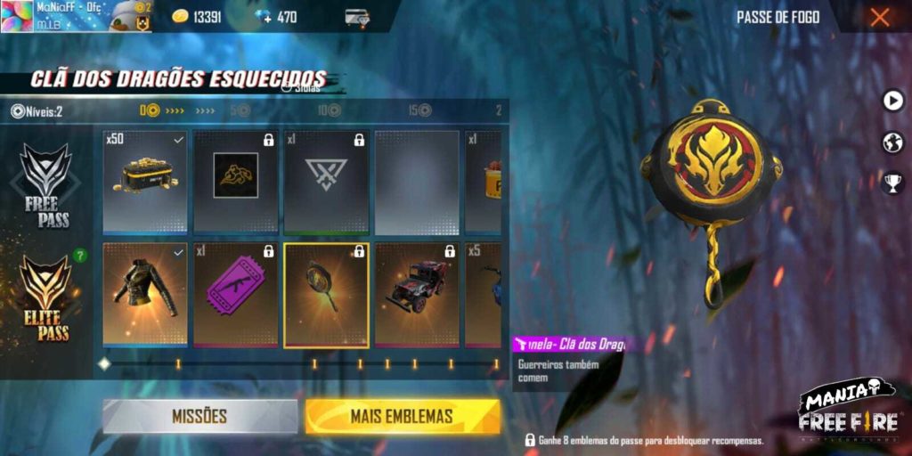 Códigos Free Fire do passe de elite Clã dos Dragões Esquecidos