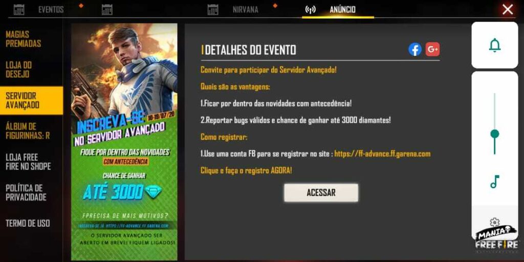 Inscrições Abertas: Servidor Avançado de FF Julho - Mania Free Fire