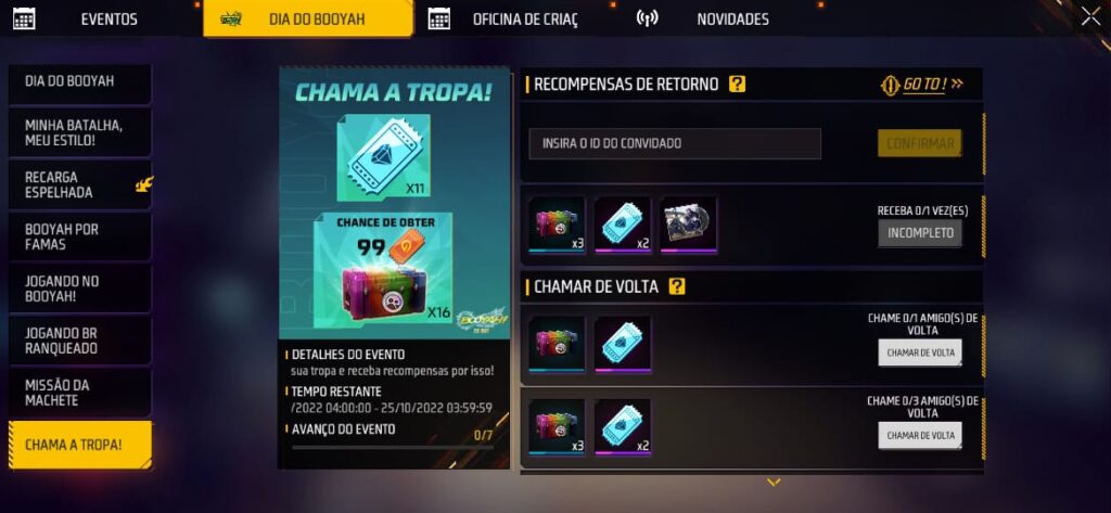 Chamar de Volta Free Fire: Chame amigos e ganhe recompensas (12 Agosto  2022) - PS Verso